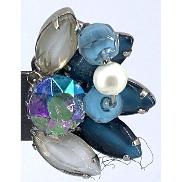 Hobe Earrings Clip on Blue Milk Aurora Borealis Faux Pearls Glass Rhinestones Vt - Picture 3 of 8